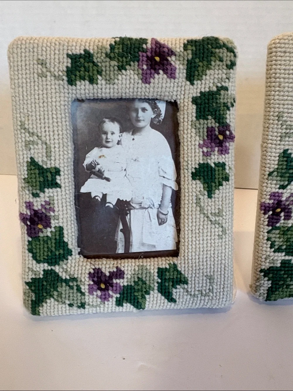 Vintage Handmade Floral Needlepoint Picture Frames - Pair of 2